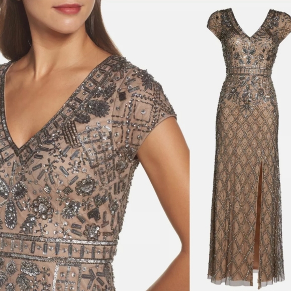 Adrianna Papell Embroidery Sequins Beaded Evening Wedding or Prom Gown - Picture 13 of 16